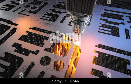 Hochpräzises industrielles Laserschneiden von Metallblechen im automatisierten 3D-Prozess Stockfoto