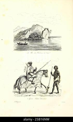 Voyage pittoresque en Asie et en Afrique, Paris, Furne, 1839, Africa, Asien, Entdeckung und Erkundung, Beschreibung und Reise, Reisen und Reisen, Entdeckungen in Geographie, die Szene zeigt zwei unterschiedliche Illustrationen. Der obere Teil bietet eine ruhige Landschaft mit Blick auf die Küste mit sanften Hügeln und einer kleinen Insel, auf der zwei Figuren in einem Boot zu sehen sind, was auf Entdeckungen oder Freizeit hinweist. Der untere Teil zeigt eine königliche Figur, die auf einem Pferd montiert ist, in traditioneller Kleidung und mit einem Speer verziert ist und Autorität und Status ausstrahlt. Die montierte Figur begleitet vielleicht ein Mann Stockfoto