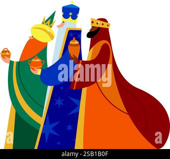 Drei Kluge Männer. Epiphanienfeier. Traditioneller Spanischer Tag Der Drei Könige. Isolierte Abgewickelte Vektorzeichen. Stock Vektor