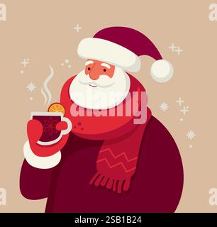 Weihnachtsmann-Cartoon-Charakter trinkt Glühwein. Illustration des flachen Vektors Stock Vektor