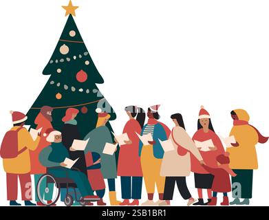 Eine Gruppe glücklicher Menschen in Santa Hats singt Weihnachtslieder. Zeichen Für Winterferien. Weihnachtslieder Caroling Chor Mann und Frau. Isolierte flache VEC Stock Vektor