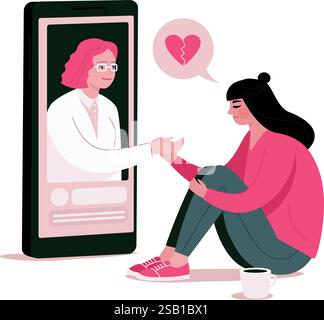Online-psychologische Hilfe und Unterstützungsdienst. Die Psychologin und ihre Patientin haben einen Videoanruf. Online-Psychotherapiekonzept. Fernkonsultation. Mment Stock Vektor