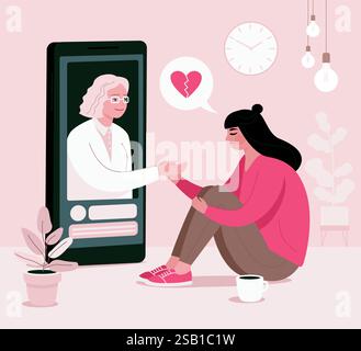 Online-psychologische Hilfe und Unterstützungsdienst. Die Psychologin und ihre Patientin haben einen Videoanruf. Online-Psychotherapiekonzept. Fernkonsultation. Mment Stock Vektor