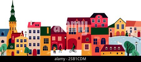 Niedliche Vintage-Häuser, Stadtgebäude. Mittelalterliches Stadtpanorama. Alte Straße in gemütlicher europäischer Stadt. Illustration des flachen Vektors Stock Vektor