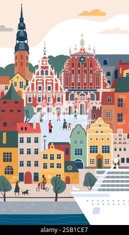 Vertikale Ansicht des alten Teils von Riga. Berühmte Gebäude Symbole und Wahrzeichen. Flyer oder Poster willkommen in Lettland. Mittelalterliche europäische Stadt. Flacher Vektor Abb. Stock Vektor