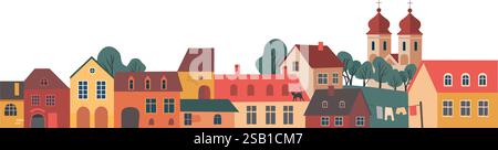 Niedliche Häuser in der alten mittelalterlichen Stadt oder im Dorf. Straßenpanorama der gemütlichen europäischen Stadt. Illustration des flachen Vektors Stock Vektor