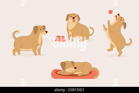 Niedliches Hundespielzeug, tägliche Routine für Hunde. Der lustige Welpe schläft, spielt Ball, isst sein Essen. Flacher Vektorsatz Stock Vektor