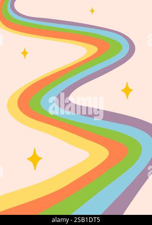 Retro-Hintergrund mit abstraktem psychedelischen Regenbogen. Groovige Wellen in warmen Retro-Farben. Trendige verdrehte, funky Vektortextur im abstrakten y2k-Stil Stock Vektor
