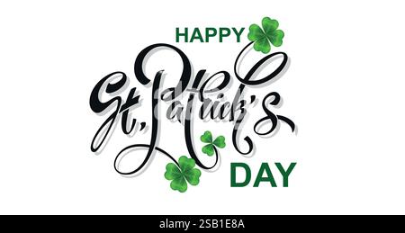 Happy Saint Patrick's Day, handgeschriebene Schrifttypografie. Handgezeichnete Designelemente. Logos und Embleme für Einladung, Karte. Vektorabbildung. Stock Vektor
