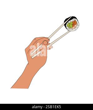 Halten Sie die Stäbchen mit dem Sushi-Rollenvektor von Hand Stock Vektor