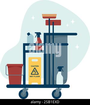 Reinigungswagen auf weißem Hintergrund. Professioneller Wagen mit Hausmeister-Utensilien. Illustration des flachen Vektors Stock Vektor