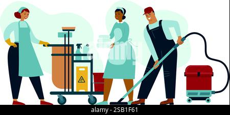 Reinigungsteam. Hausmeister in Uniform. Professionelle Reinigungskräfte, Hausmeister und Zimmermädchen. Housekeeping. Zeichentrickfiguren flacher Vektor-Satz. Stock Vektor