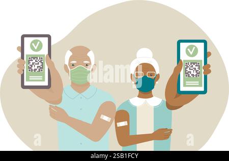 Geimpfte Menschen mit digitalen Gesundheitspässen. Ein älterer Mann zeigt eine App auf dem Handy. Frau hat ein Impfzertifikat mit qr-Code. Covid Stock Vektor