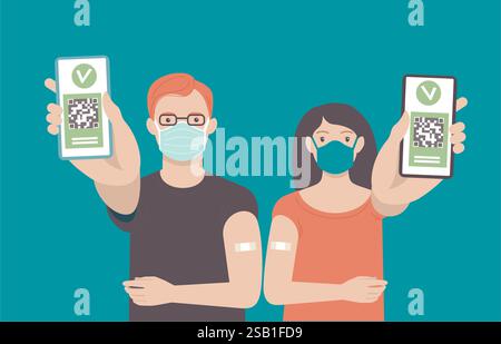 Junge geimpfte Menschen mit digitalen Gesundheitspässen. Erwachsene Männer und Frauen zeigen eine App auf dem Mobiltelefon. Immunisierungszertifikat mit qr-Code auf d Stock Vektor