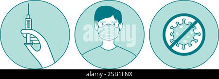 Coronavirus-Krankheit, COVID-19-Präventionen, Schritte zum Schutz. Symbole für Impfzentrum. Gesundheitswesen, Covid, Sicherheit, Schutz, Ausbruch Stock Vektor