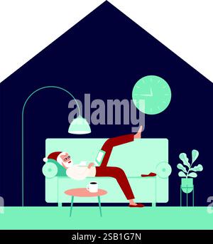 Bleiben Sie zu Weihnachten zu Hause. Der Weihnachtsmann sitzt allein zu Hause am Weihnachtsabend. Mit einem Laptop, der mit Kindern im Internet kommuniziert. Concept Flat vecto Stock Vektor