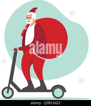 Santa Claus Charakter Reitet Elektroroller Vektor-Cartoon. Moderner Weihnachtsmann mit riesigem Sack, der Geschenke in einem schnellen, umweltfreundlichen Fahrzeug transportiert. Fla Stock Vektor