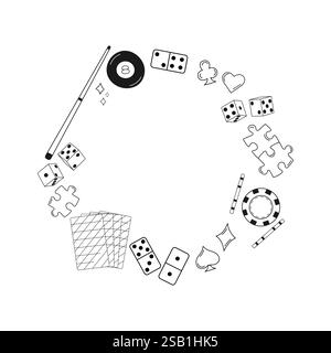 Spiel- und Casino-Elemente kreisförmiger Rahmen. Vektorabbildung. Pool, Würfel, Domino, Pokerchips, Spielkarten, Puzzle. Vielseitiges Design für Gaming, mit dem Sie mitmachen können Stock Vektor