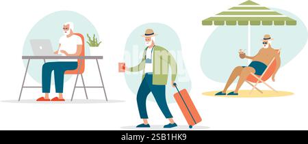 Seniorenmann, der online Reise oder Tickets Bucht. Reisender im dritten Lebensalter, bereit für Sommerferien. Aktiver Opa, der zu heißen tropischen Resorts reist. Flaches Fahrzeug Stock Vektor