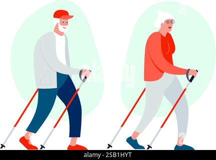 Älteres älteres Paar macht nordic Walking Training zusammen flache Vektor-Illustration. Stock Vektor