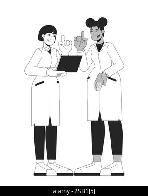 Weibliche STEM-Wissenschaftlerinnen arbeiten an der linearen Illustration Stock Vektor