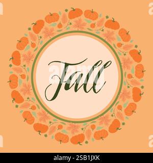 Herbstkreisetikett mit Kürbissen und Herbstblättern, für saisonale Dekorationen, Thanksgiving-Themen und ernteinspirierte Festeinladungen oder Stock Vektor