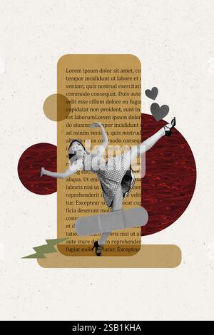 3D Collage Poster Vorlage Trend Artwork Skizze der jungen Frau schreien verwirrte Emoji Schritt Spaziergang Tragen Pin-up Pop Kleid Text Geschichte wie Herz Stockfoto