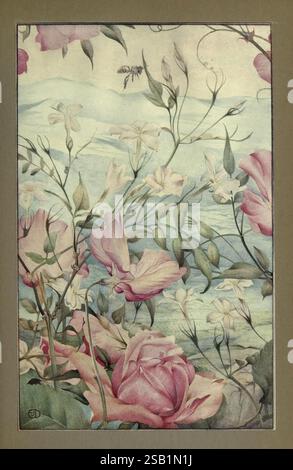 Neuigkeiten über den Frühling und andere Naturstudien. New York, Dodd, Mead, 1917. Frühling, Edward Julius Detmold, Jasmine, Jasminum, Eine ruhige Darstellung der Natur entfaltet sich, gefüllt mit zarten rosa Rosen, die im Vordergrund lebendig blühen. Ihre weichen Blütenblätter entfalten sich anmutig und laden zu einem Gefühl der Ruhe ein. Zwischen den Rosen sind elegante weiße Blüten, die sich erheben und verdrehen, ihre schlanken Stiele tragen zur natürlichen Harmonie der Szene bei. Im Hintergrund bilden sanfte Hügel einen subtilen Gefälle, der die traumhafte Atmosphäre unterstreicht, während eine kleine Biene in der Nähe der Blüten schwebt und das Interc symbolisiert Stockfoto