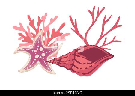 Bunte Meereslebewesen eine Illustration mit Korallen, Muscheln und Seestern in der Natur Vektor-Illustration auf weißem Hintergrund. Stock Vektor