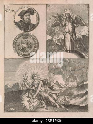 Salamandrologia, S. e. Descriptio historico-philologico-philosophico-medica salamandræ, quæ vulgò in igne vivere creditur, S.R.J. Academiæ naturæ curiosis showa Norimbergae, sumtibus G. Scheureri, typis Johannis M. Spörlin, 1683, frühe Werke, Salamander, die Komposition enthält eine Sammlung unterschiedlicher Tafeln, die in einem zusammenhängenden Layout angeordnet sind. In der oberen linken Ecke zeigt ein Medaillon das Bild eines Würdenträgers, umgeben von einer verzierten Grenze und mit dem Namen „Francisco“ beschriftet. Die obere rechte Tafel zeigt eine göttliche Figur in fließenden Gewändern, mit einer Engelsfigur an ihrer Seite. Stockfoto