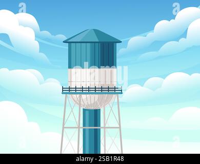 Blauer Wasserturm mit gestreiftem Design und Metallrahmen. Zylindrische Oberseite durch Stahlträger angehoben. Vektorillustration mit Wolkenhimmel Hintergrund. Stock Vektor