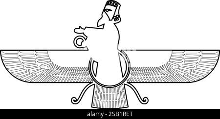 Zoroastrismus Religion Faravahar Zorostrisches Symbol Parsi Kontur Umrisslinie Symbol Schwarz Farbe Vektor Illustration Bild dünn flach Stil einfach Stock Vektor