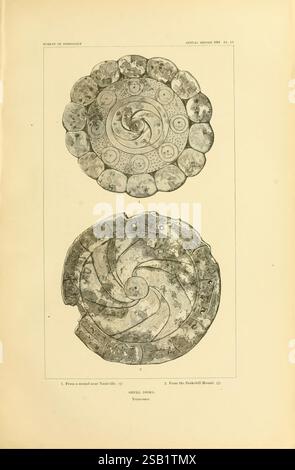 Art in Shell der Antiker Amerikaner, Washington, Govt. Print, 1883, Antiquitäten, indische Kunst, Indianer, Muscheln in der Kunst, viele Hüte von Holmes, Joseph, Jones, Kate Clifton Osgood, Taxonomie, Kate Clifton Osgood Holmes, Kate Clifton Holmes, Kate Osgood Holmes, Kate Clifton Osgood, Frauen in Wissenschaft, das Bild zeigt zwei aufwändig gestaltete Schalenartefakte. Die obere Schale zeigt eine Reihe von wirbelnden Mustern, die ein dynamisches Gefühl von Bewegung erzeugen, unterbrochen von kleinen dekorativen Elementen um die Kanten. Die untere Schale ist durch ein spiralförmiges Motiv in der Mitte gekennzeichnet, umgeben von einer Reihe von e Stockfoto