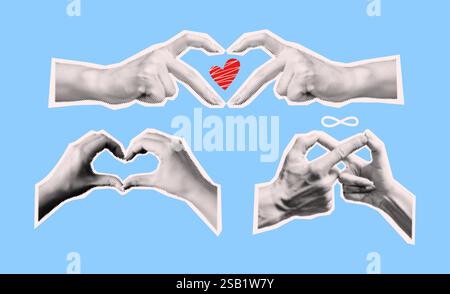 Hände machen Herz und Unendlichkeit Symbole Kunst Collage Vektor Halbton Illustration Set. Liebe Verbindung und endlose Möglichkeiten auf blauem Hintergrund Stock Vektor
