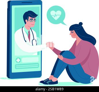 Telemedizin-Konzept. Online-ärztlicher Dienst. Der Patient kommuniziert mit dem Arzt auf dem Smartphone-Bildschirm. Telemedizin und Fernkonsultation mit Therapien Stock Vektor