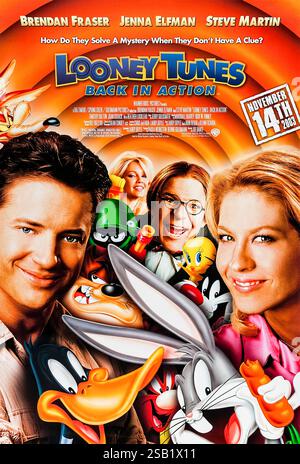Looney Tunes: Back in Action (2003) von Joe Dante mit Brendan Fraser, Jenna Elfman und Steve Martin. Bugs Bunny und Daffy Duck begeben sich auf ein Live-Action-/Animationsabenteuer, das einem Sicherheitsbeamten und einem Stuntwoman bei der Suche nach einem mysteriösen Diamanten hilft. Foto eines Original-Posters aus dem Jahr 2003 (USA), das NUR FÜR REDAKTIONELLE ZWECKE VERWENDET WIRD. Quelle: BFA / Warner Bros Stockfoto
