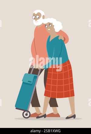 Verliebtes älteres Paar, das die Einkaufstasche zusammendrückt. Flache Vektorzeichen Stock Vektor