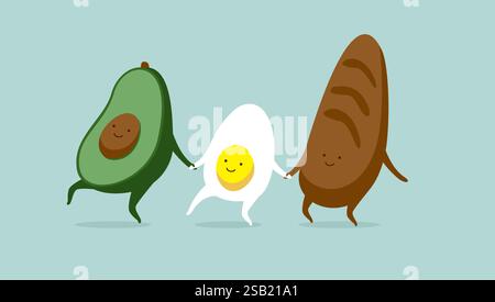 Lustige Charaktere, Eieravocado und Brot, Frühstück oder Brunch-Sandwich. Beste Freunde Set. Vektorabbildung. Lustiges Essen. Vektor-Zeichentrick-Illustration. Stock Vektor