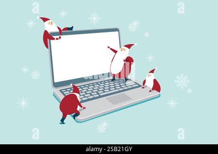 Lustige kleine Weihnachtsmänner über digitalem Laptop Online-Shopping für Weihnachten und Neujahr Konzept. Santa Gnomes Comicfiguren. Flacher Vektor Abb. Stock Vektor