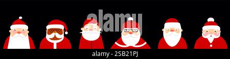 Sammlung von Weihnachtsmannsfiguren, verschiedenen Gesichtern mit Bart- und Hut-flachen Symbolen. Weihnachtsmann Zeichentrickfiguren Weihnachtsillustration Icons Set. Fl Stock Vektor