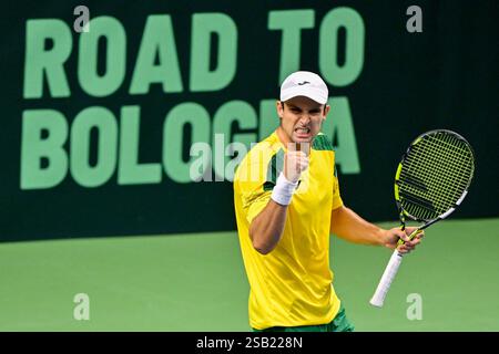 Stockholm, Schweden. Januar 31, 2025. Aleksandar Vukic (Australien) im Tennisspiel gegen den schwedischen Leo Borg im Davis Cup Spiel zwischen Schweden und Australien, das am 31. Januar 2025 in der Royal Tennis Hall in Stockholm ausgetragen wurde.Foto: Jonas Ekströmer/TT/Code 10030 Credit: TT News Agency/Alamy Live News Stockfoto