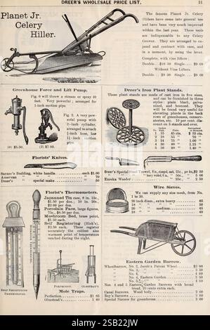 Dreers Großhandelspreisliste, Philadelphia, Pa, The Company, Philadelphia, Pennsylvania, Saatgut, Kataloge, Baumschulen, Gartenbau, Saatgutindustrie und -Handel, Dreer Henry Ein Unternehmen, Gartenwerkzeuge und -Geräte, Gartengeschichten, in Blüte, diese Seite enthält eine detaillierte Großhandelspreisliste von Dreer's, in der landwirtschaftliche Werkzeuge und Geräte vorgestellt werden. Zu den bemerkenswerten Gegenständen gehören der Planet Jr. Sellerie Hiller, entwickelt für effizienten Anbau, zusammen mit verschiedenen Gartengeräten wie Treibhaushalt- und Hebepumpen, Blumenmessern und Pflanzenständern. Außerdem wird in der Liste der Draht si erwähnt Stockfoto