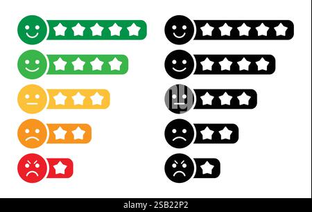 Feedback-Konzept. 5 Sterne-Bewertung und Emoji-Skala für Web- und mobile App. Feedback Kunden- oder Kundenbewertung, Vektorillustration. Stock Vektor
