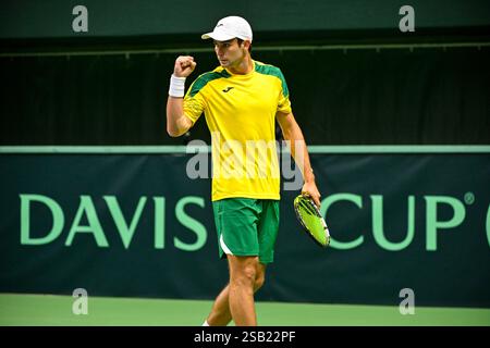 Stockholm, Schweden. Januar 31, 2025. Aleksandar Vukic (Australien) im Tennisspiel gegen den schwedischen Leo Borg im Davis Cup Spiel zwischen Schweden und Australien, das am 31. Januar 2025 in der Royal Tennis Hall in Stockholm ausgetragen wurde.Foto: Jonas Ekströmer/TT/Code 10030 Credit: TT News Agency/Alamy Live News Stockfoto