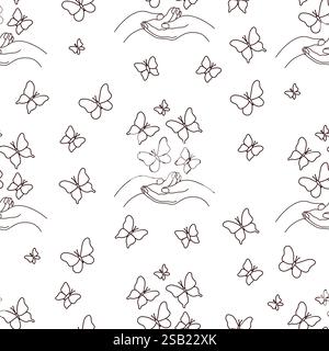 Nahtloses Muster. Umrissene Schmetterlinge fliegen aus Handflächen auf weißem Hintergrund. Linienzeichnung, Malbuch. Vektorabbildung. Null Stock Vektor