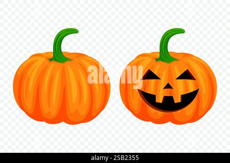Vector Cartoon Pumpkins Kollektion mit geschnitzten Gesichtern. Flaches Set Mit Bunten Kürbis-Stickern. Designvorlagen für Halloween, Herbst, Ernte. Süß und lustig Stock Vektor