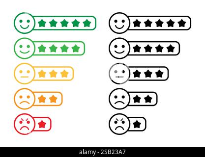 Feedback-Konzept. 5 Sterne-Bewertung und Emoji-Skala für Web- und mobile App. Feedback zur Bewertung durch Verbraucher oder Kunden. Vektorabbildung. Stock Vektor