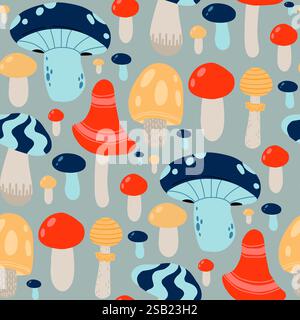 Buntes Pilzmuster mit roten, blauen und gelben Pilzen auf grauem Hintergrund, perfekt für herbstliche Dekorationen, Naturmotive und skurrile Designs Stock Vektor