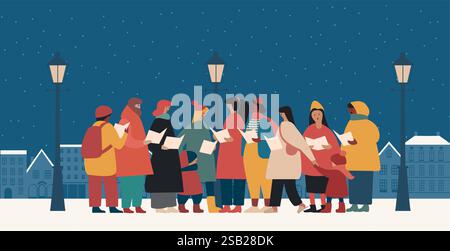 Eine Gruppe von Männern und Frauen in Oberbekleidung singt Weihnachtslieder unter dem Schnee. Chor aus Sängern oder Weihnachtsliedern singt Weihnachtslieder auf der Straße der Stadt Stock Vektor