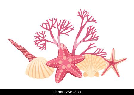Bunte Meereslebewesen eine Illustration mit Korallen, Muscheln und Seestern in der Natur Vektor-Illustration auf weißem Hintergrund. Stock Vektor